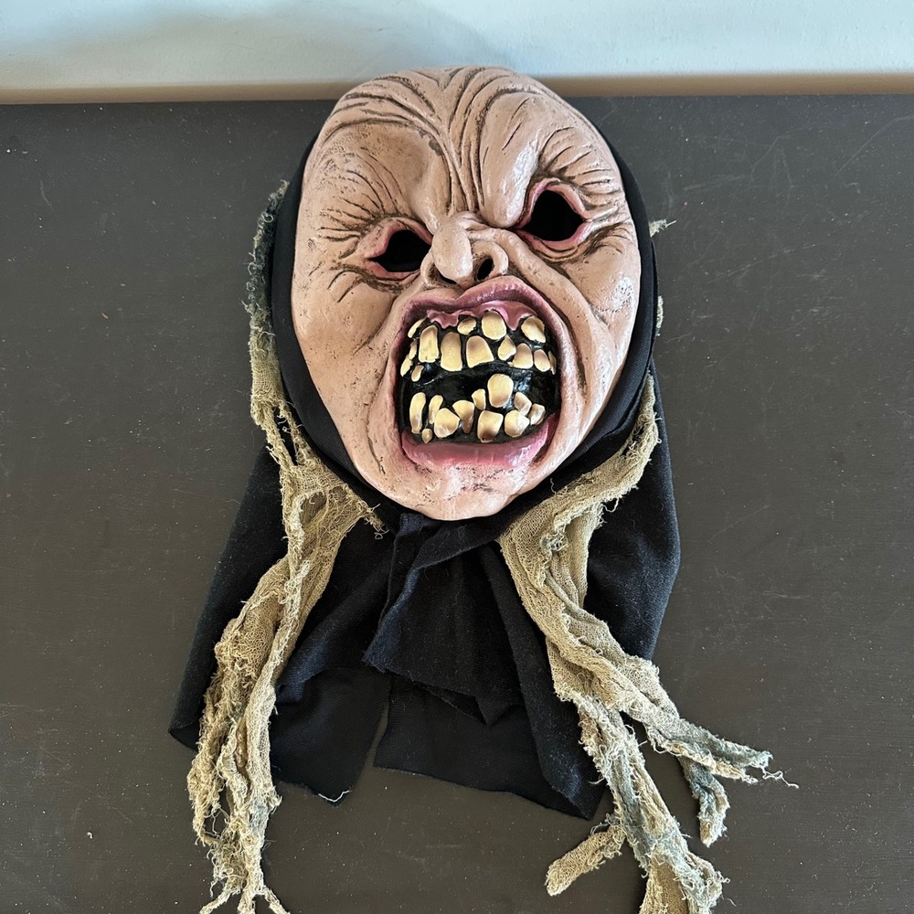 Vintage Scary Ghoul Horror Mask with Black Hood Tattered Gauze Halloween Creepy